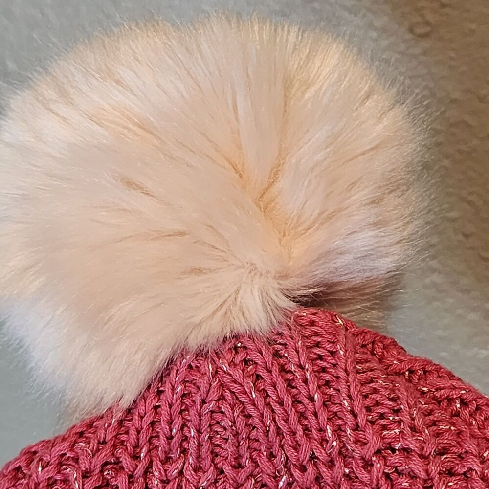 Love Your Melon Pink Sparkle Metallic Knit Beanie Hat with Faux Fur Pom USA